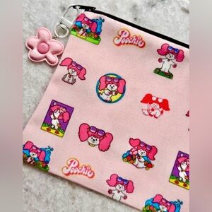 New Retro 80s Style Poochie Dog Pink Makeup Tech Pencil Bag w/ Charm - 8.5” x 6”